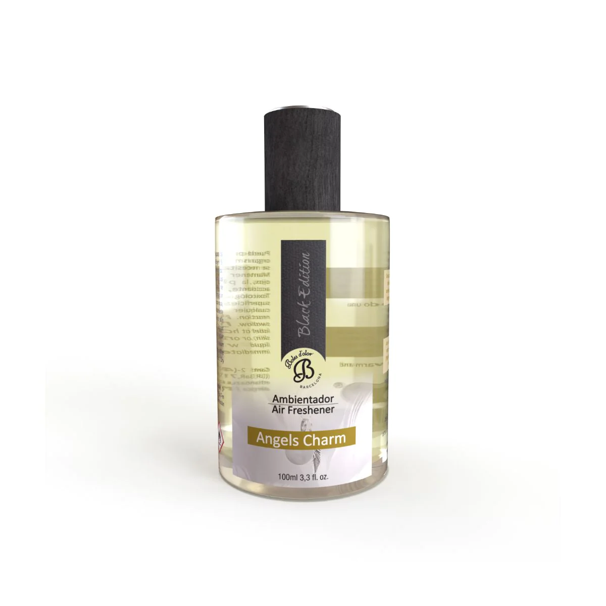 Frasco transparente de ambientador Angels Charm com tampa preta texturada