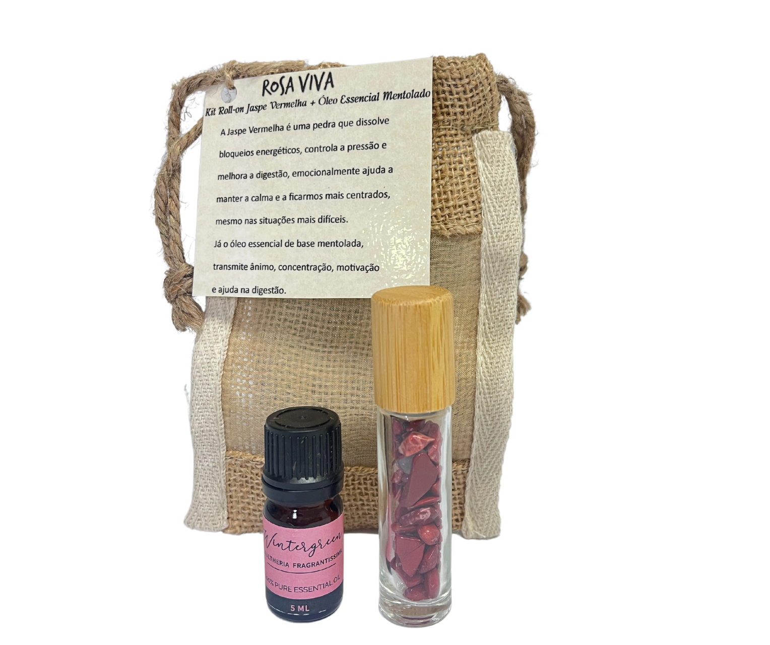 Conjunto de óleo essencial e frasco com pétalas secas sobre saco de tecido rústico com etiqueta