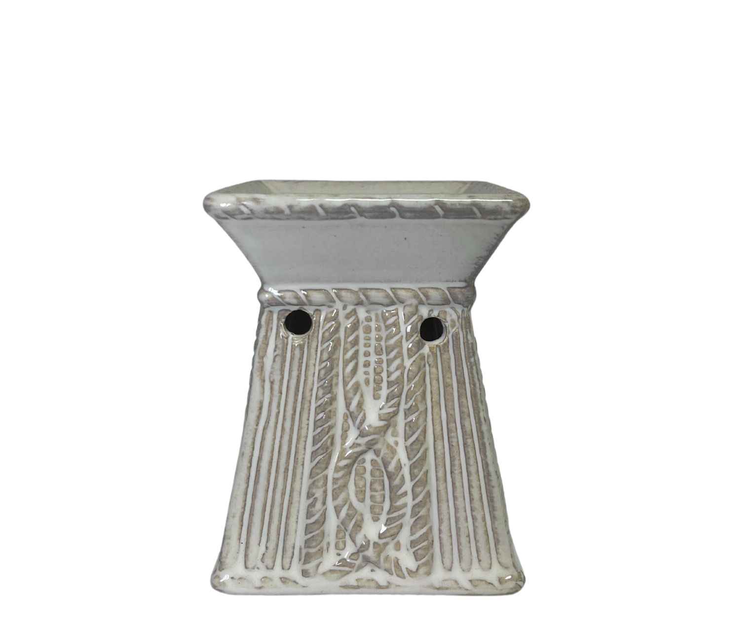 Pedestal decorativo em cerâmica branca com textura em relevo e orifícios circulares