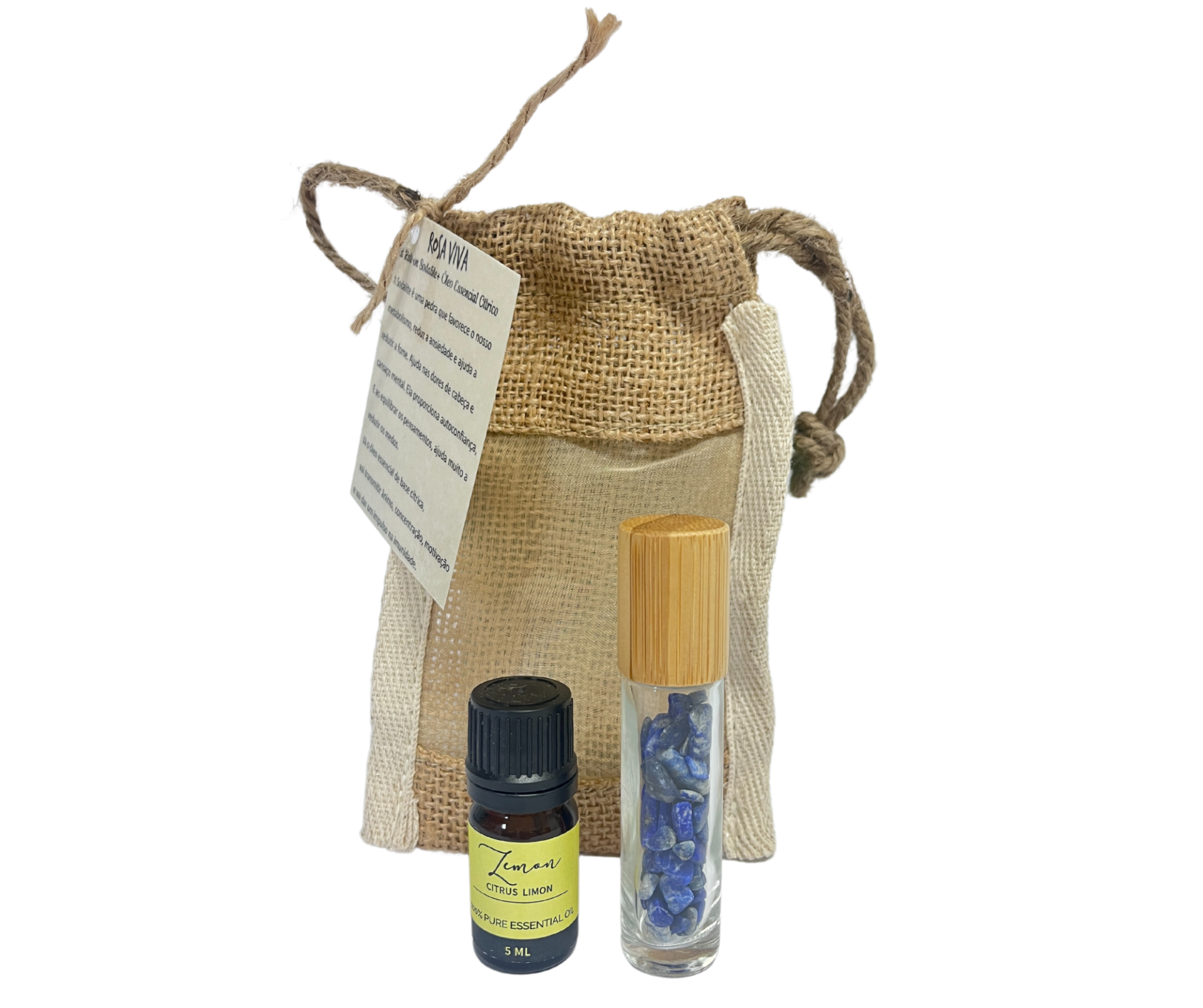 Conjunto de óleo essencial e pedras azuis com saco de juta e etiqueta