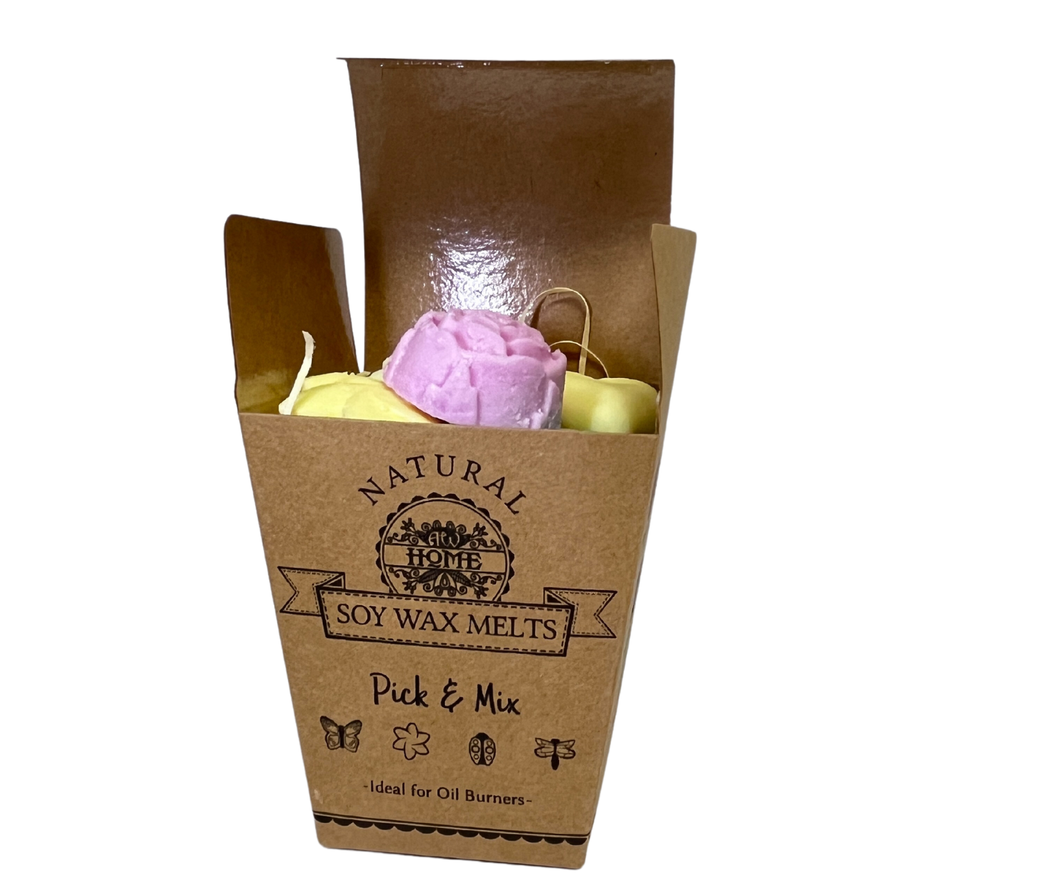 Caixa de cartão castanho aberta com ceras aromáticas de soja de cores rosa, amarela e verde clara.