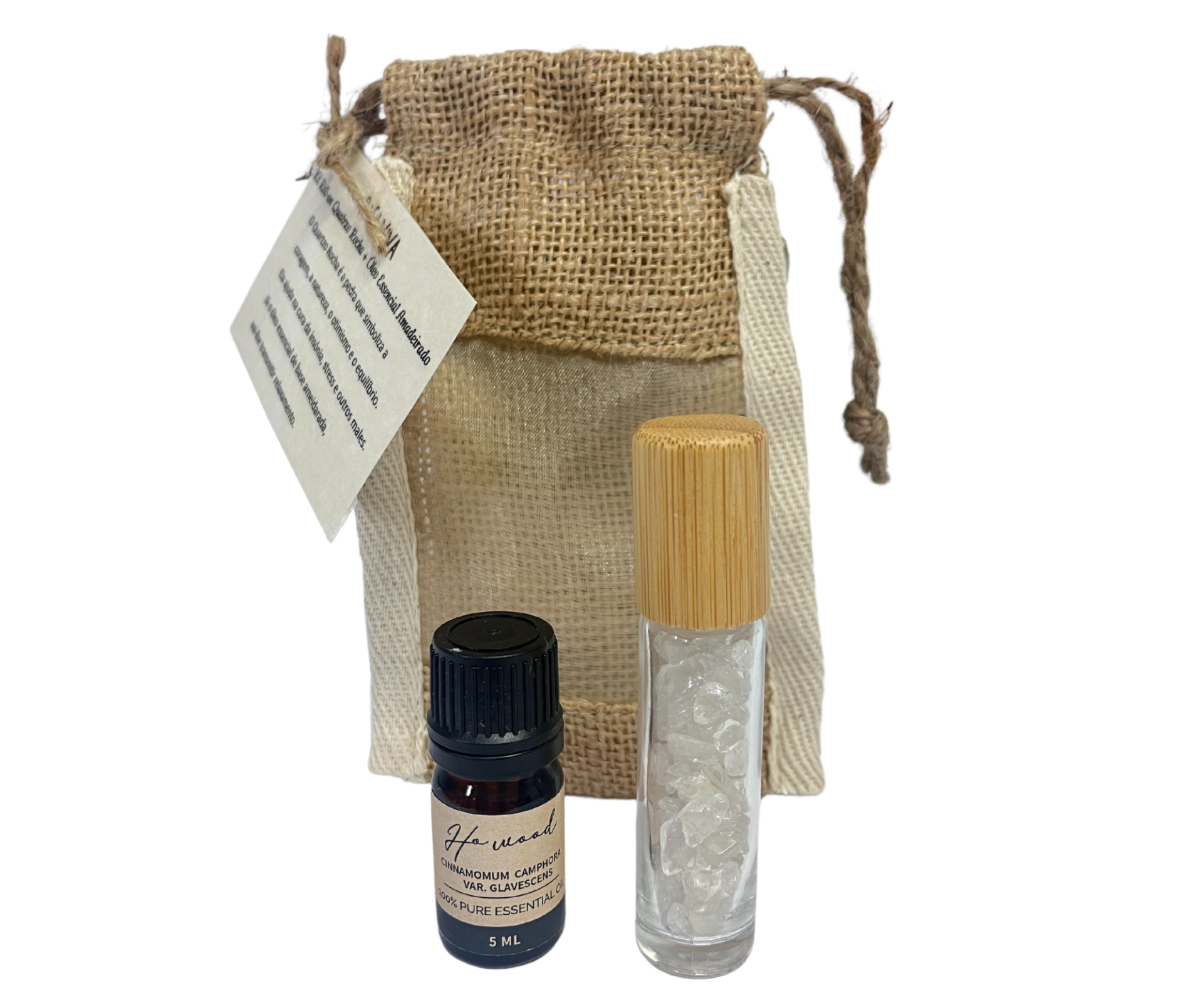 Conjunto com frasco de óleo essencial, frasco com cristais transparentes e saco rústico de tela de saco