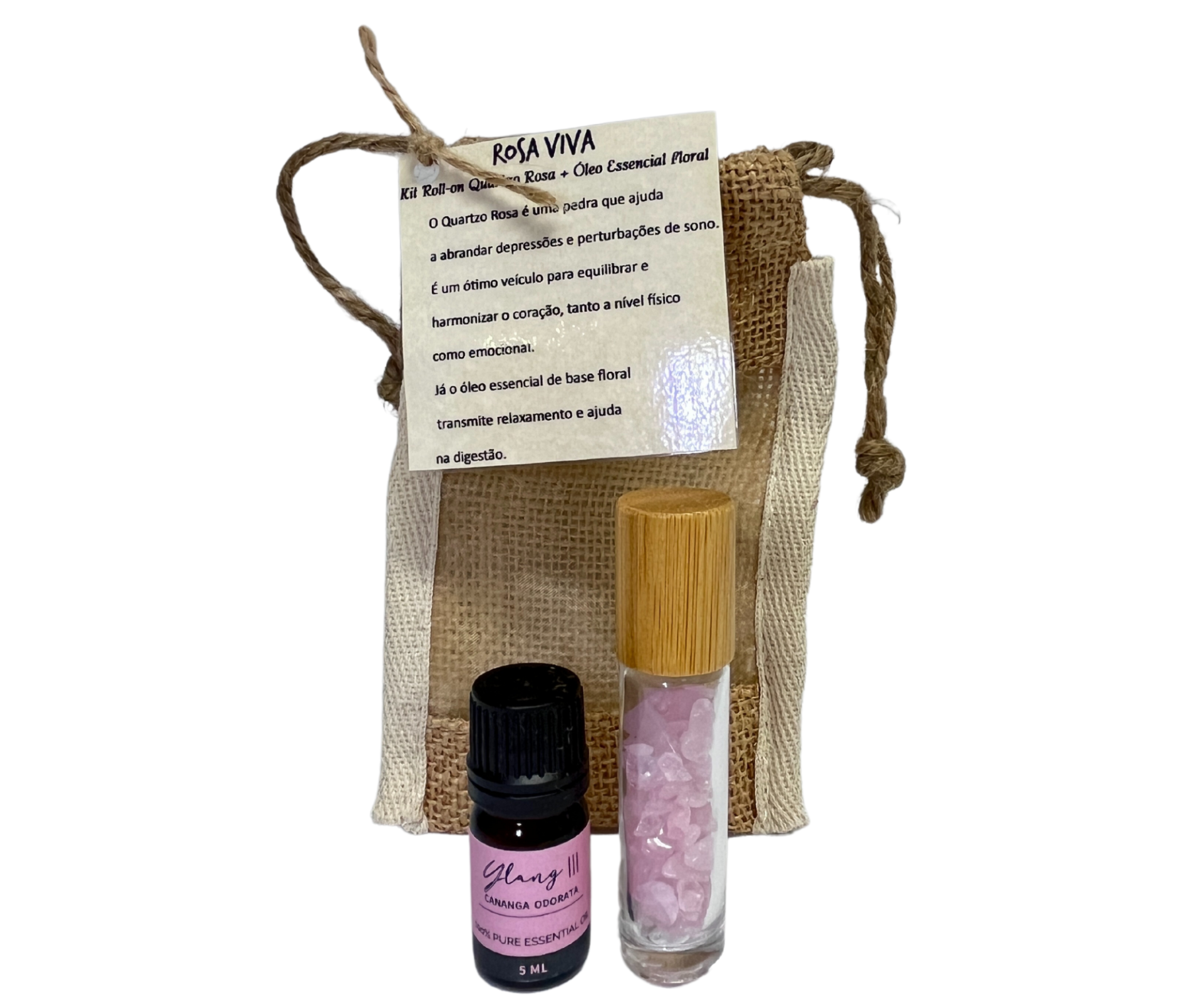 Conjunto de óleo essencial e frascos com pedras dentro de bolsa bege com texto