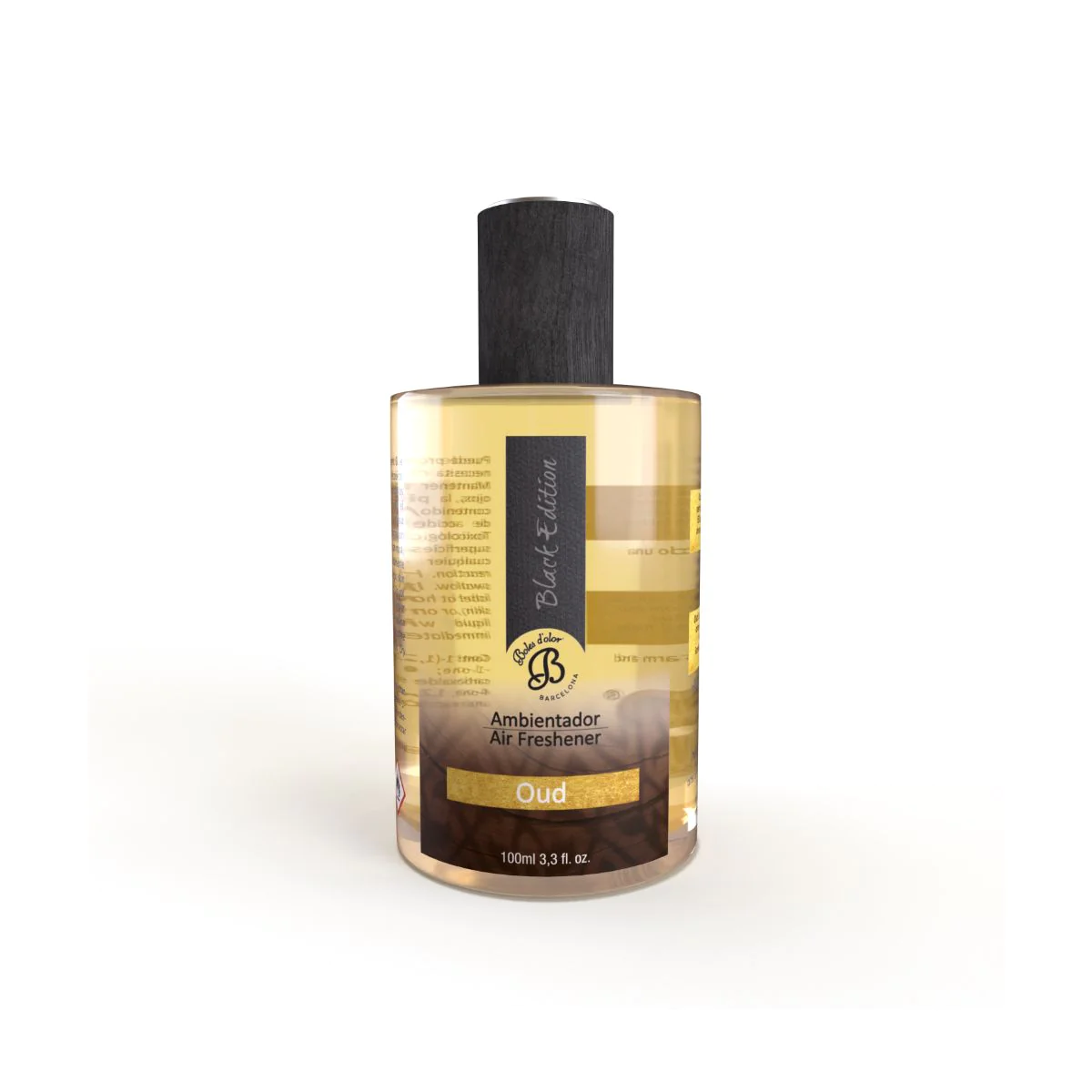 Frasco de ambientador Oud com rótulo cinzento e dourado e tampa preta
