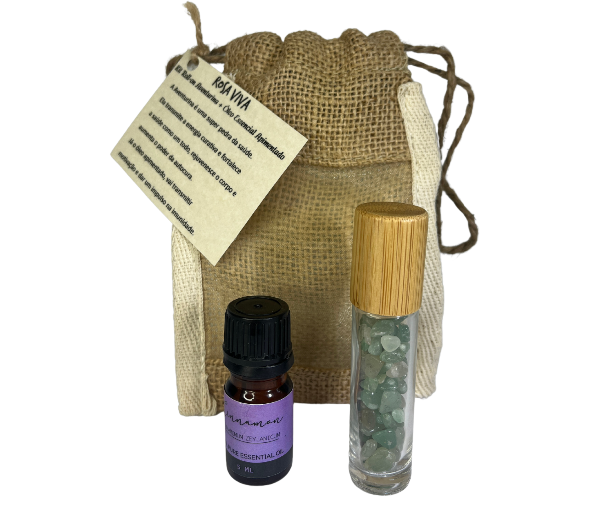Kit com saco de tecido castanho, frasco pequeno com líquido e frasco com pedras verdes