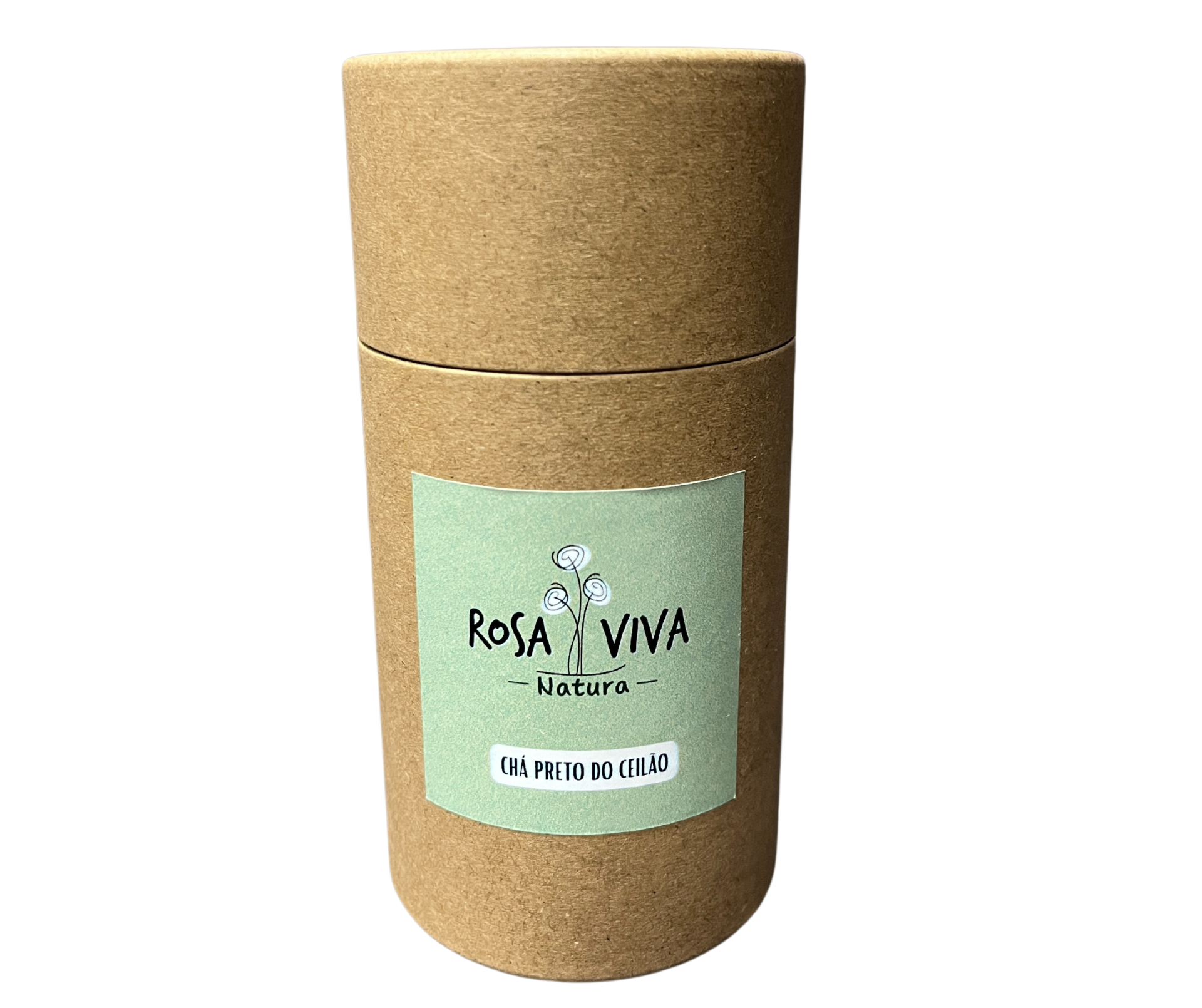 Frasco cilíndrico de cartão reciclado com rótulo verde claro