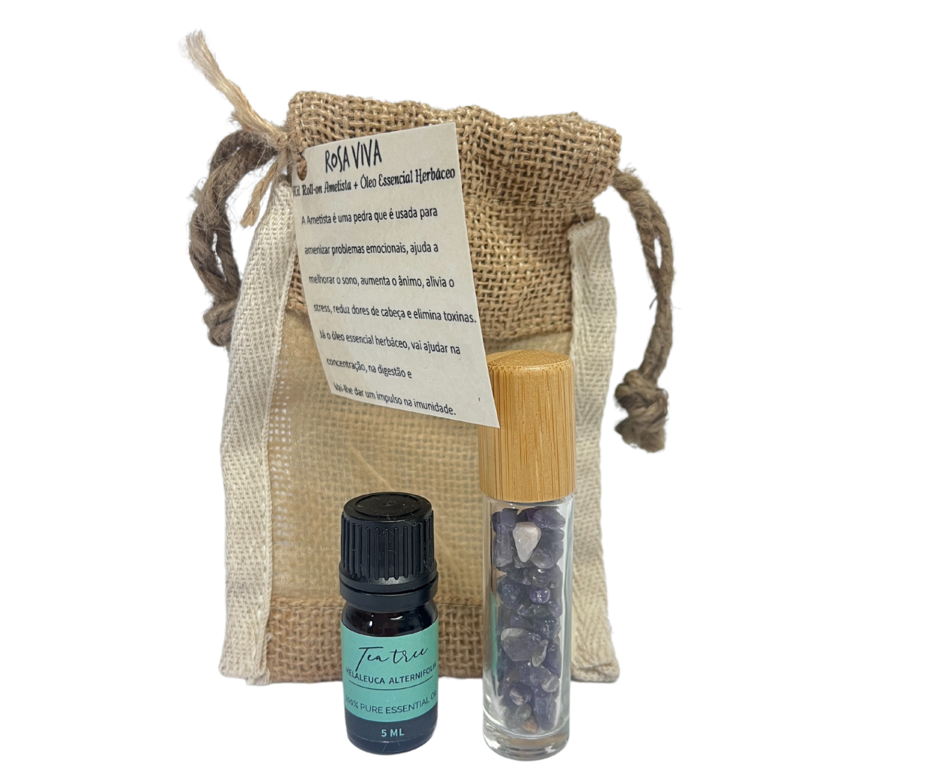 Conjunto de aromaterapia com saco de tecido, óleo essencial e frasco com pedras roxas