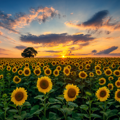 Campo de girassóis ao pôr do sol com árvore ao fundo