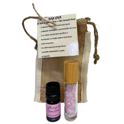 Conjunto de óleo essencial e frascos com pedras dentro de bolsa bege com texto