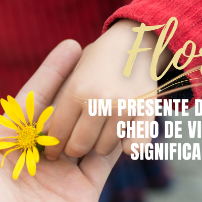 Mãos segurando flor amarela com texto sobreposto em português sobre presente de Natal