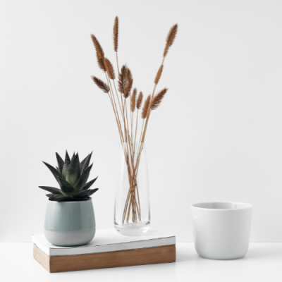 Arranjo decorativo com suculenta, flores secas em jarro de vidro e caneca branca