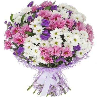 Buquê colorido de flores brancas, rosa e roxas com folhas verdes