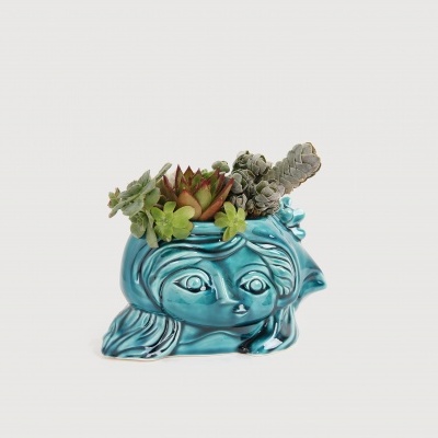 Vaso cerâmico azul em forma de rosto com suculentas