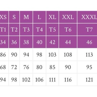 Tabela de tamanhos de roupa com medidas de peito, cintura e anca em centímetros para vários tamanhos