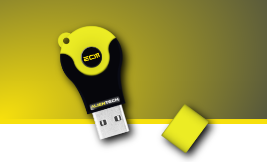 ECM Titanium Pen USB amarelo e preto com tampa destacada e textos ECM e ALIENTECH