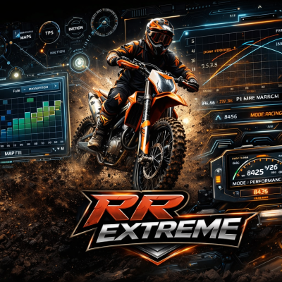 Motociclista com fato e capacete pretos e laranja numa mota de terra laranja com gráficos digitais de desempenho e texto RR EXTREME
