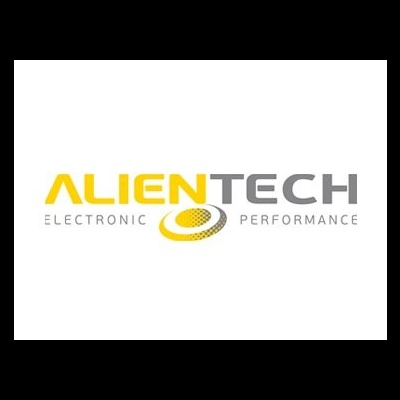 Logotipo ALIENTECH ELECTRONIC PERFORMANCE em amarelo e cinza com símbolo oval.