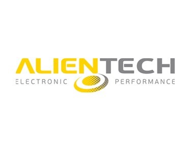 Logotipo ALIENTECH ELECTRONIC PERFORMANCE em amarelo e cinza com símbolo oval.