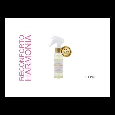 Frasco de spray plástico com líquido amarelo, selo exclusivo e texto 'RECONFORTO HARMONIA'