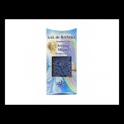 Embalagem de sal de banho aromatizado Arcanjo Miguel com sal azul visível