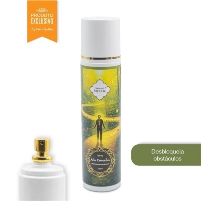 Spray Natural Mystic com design colorido e frasco branco com bico dourado e selo laranja