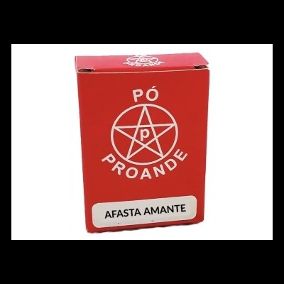 Embalagem vermelha com símbolo de estrela branca e texto 'PÓ PROANDE' e 'AFASTA AMANTE'.