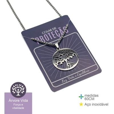 Colar de proteção com pendente de Árvore da Vida em aço inoxidável e cartão roxo.