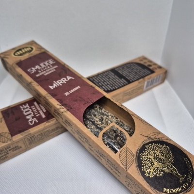 Embalagens marrons de incenso Smudge Mirra com design de árvore dourada
