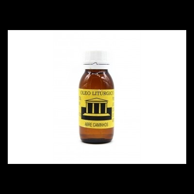 Frasco de óleo litúrgico abre caminhos com rótulo amarelo e tampa branca