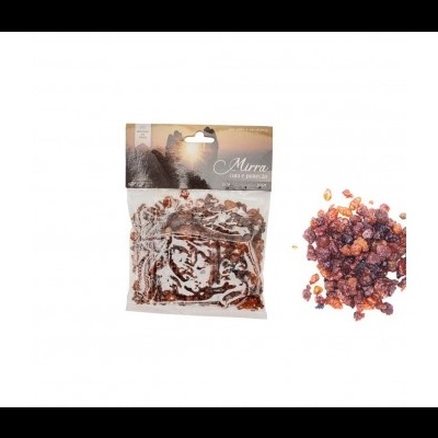 Pacote de resina de mirra em pedaços castanho-avermelhados com rótulo