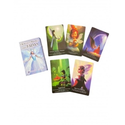 Cartas ilustradas com fadas e texto em português sobre fundo branco.