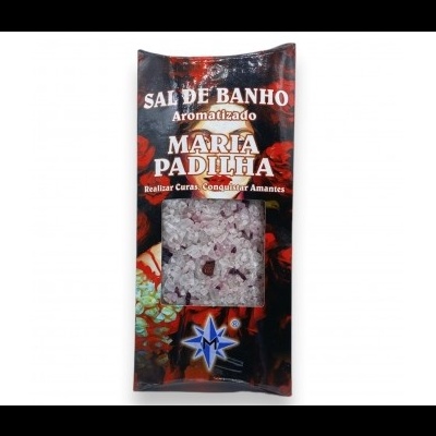 Embalagem de sal de banho aromatizado Maria Padilha com cristais de sal rosa