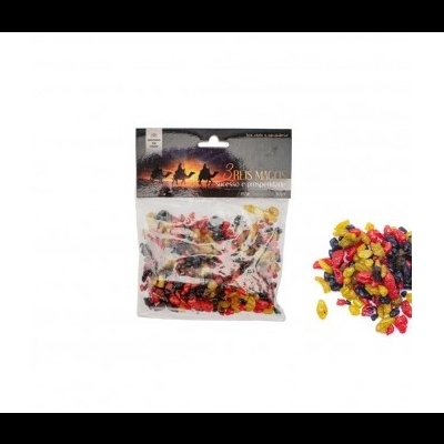 Pacote plástico com grãos coloridos e rótulo com cavaleiros