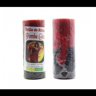 Dois velões de ritual Pomba Gira vermelhos e pretos, um com imagem e texto visíveis.