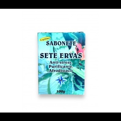 Sabonete sete ervas embalado com design azul e verde