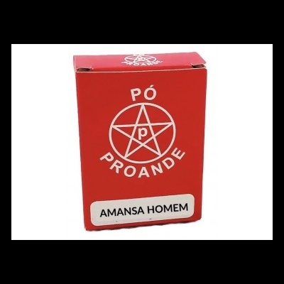 Embalagem vermelha de pó PROANDE com pentagrama e texto AMANSA HOMEM