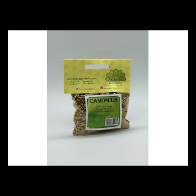 Embalagem de chá de camomila seco com etiqueta amarela