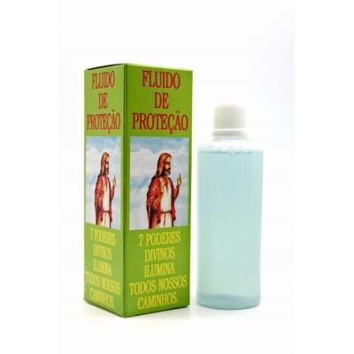 Frasco plástico azul claro e embalagem verde com texto FLUIDO DE PROTEÇÃO e figura religiosa