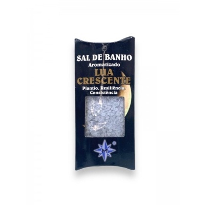 Embalagem preta de sal de banho aromatizado Lua Crescente com cristais azuis visíveis