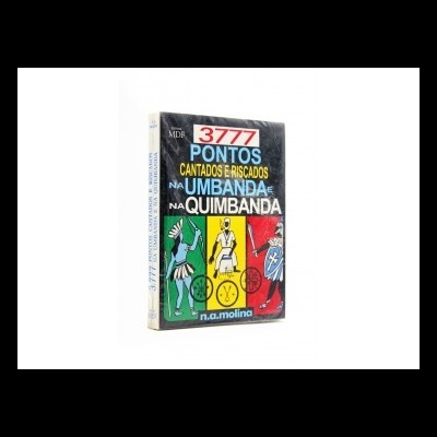 Livro '3777 Pontos Cantados e Riscados na Umbanda e na Quimbanda' embalado, com capa colorida e figuras humanas