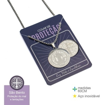Colar de proteção São Bento em aço inoxidável com corrente e cartão