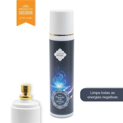 Spray de limpeza de energias negativas com embalagem azul e branca e atomizador dourado