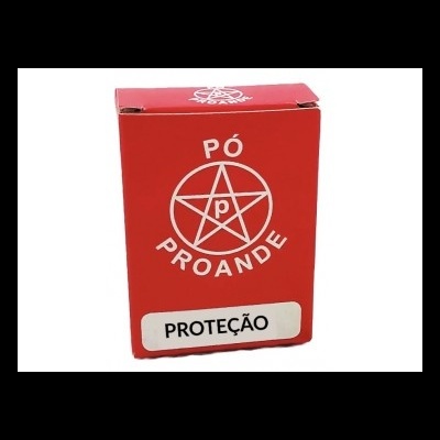 Caixa vermelha de pó Proande com texto e símbolo branco