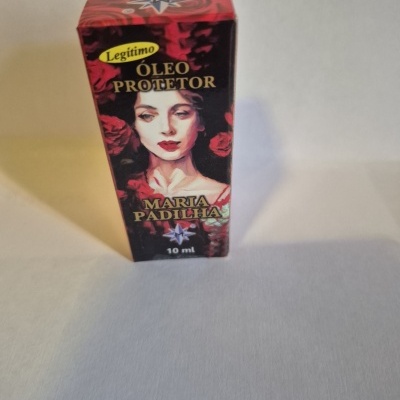 Embalagem de óleo protetor Maria Padilha com ilustração de mulher e texto em vermelho e preto