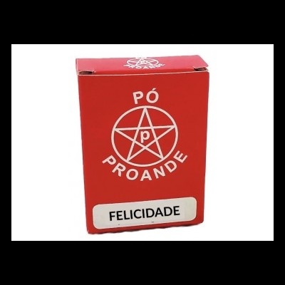 Caixa vermelha com pó Proande e etiqueta FELICIDADE
