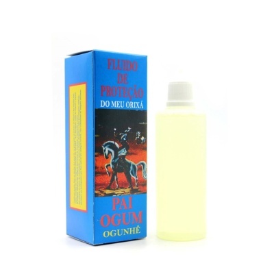 Frasco com líquido amarelo ao lado de caixa azul com texto e ilustração de cavalo com cavaleiro