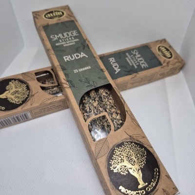 Embalagens de incenso Smudge Nature Ruda em cartão castanho com janela e desenho de árvore dourada