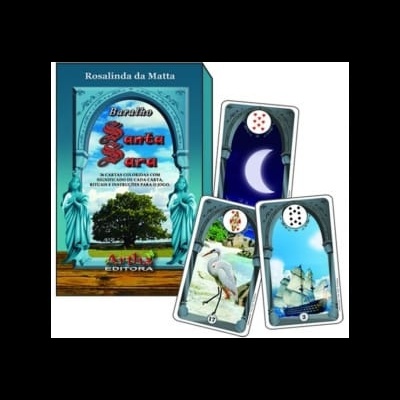 Jogo de cartas Baralho Santa Sara com caixa azul e cartas ilustradas
