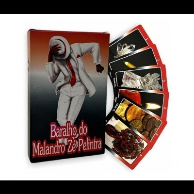 Jogo de cartas Baralho do Malandro Zé Pelintra com figura masculina e cartas coloridas