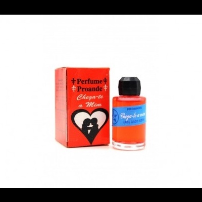 Perfume Proande em vidro pequeno e caixa vermelha com texto e imagem de coração